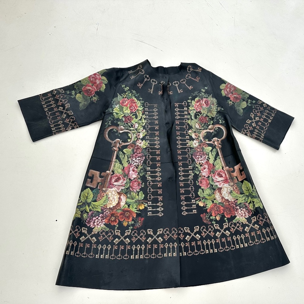 Dolce Gabbana Key and Roses lambskin leather painted coat size L Retail $9500